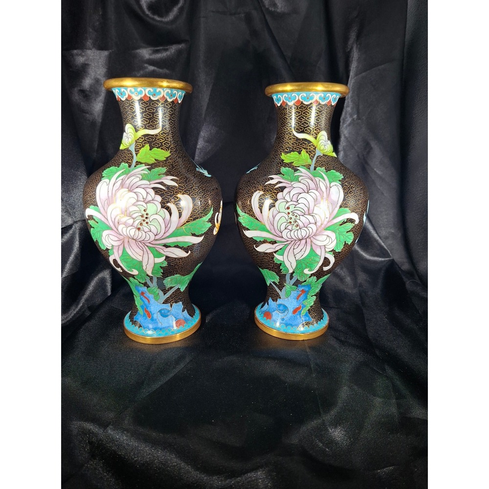 Vintage Pair Cloisonne Enamel Vases Black Gold Floral Chrysanthemum Bird 8 Inch